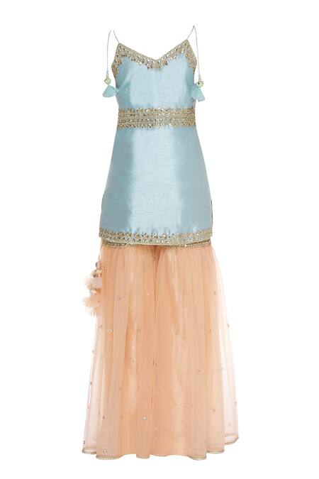 Shop_Preeti S Kapoor_Blue Net, Dupion Floral Notched Embroidered Kurta Sharara Set _Online_at_Aza_Fashions