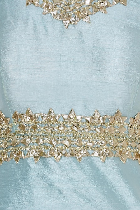 Preeti S Kapoor_Blue Net, Dupion Floral Notched Embroidered Kurta Sharara Set _at_Aza_Fashions