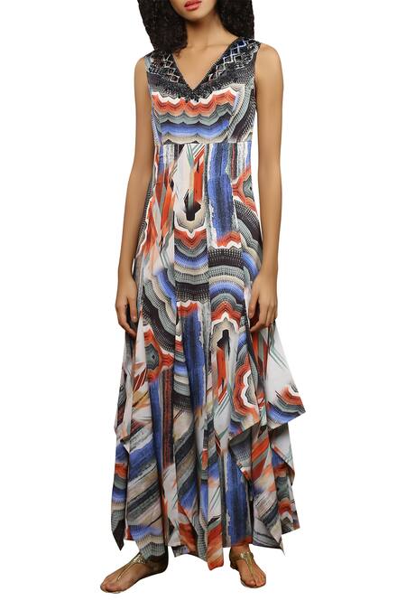 Reynu Taandon Multi Color Georgette Marble Print Maxi Dress