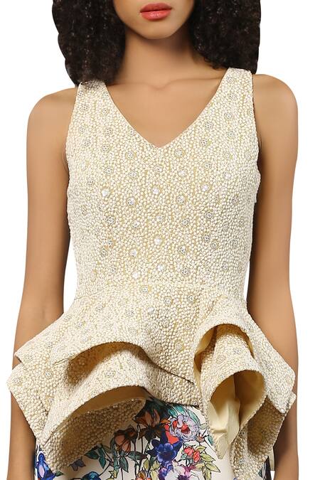 Shop Reynu Taandon Multi Color Crepe Peplum Blouse With Maxi Lehenaga Skirt at Aza Fashions Shop_Reynu Taandon_Multi Color Crepe Peplum Blouse With Maxi Lehenaga Skirt_at_Aza_Fashions