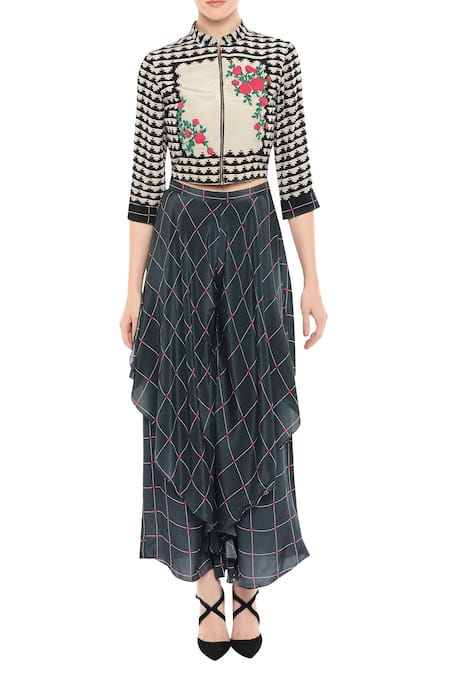 Buy_Soup By Sougat Paul_Black Crepe Floral, Geometric Motifs Mandarin Cropped Jacket And Layered Pant Set _Online_at_Aza_Fashions