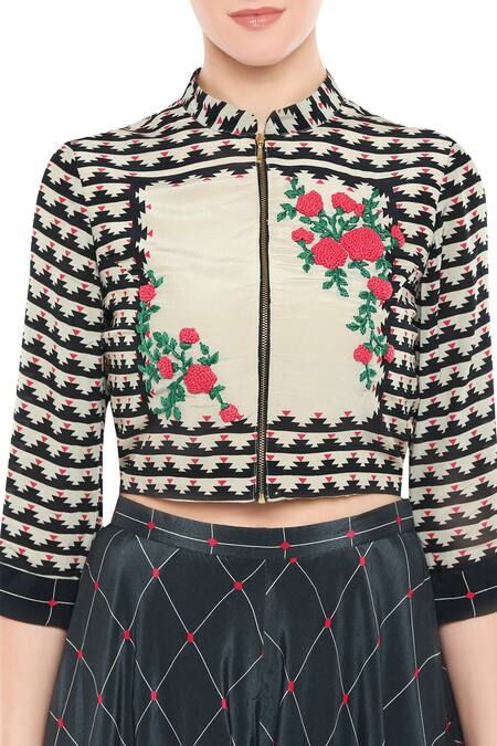 Shop_Soup By Sougat Paul_Black Crepe Floral, Geometric Motifs Mandarin Cropped Jacket And Layered Pant Set _Online_at_Aza_Fashions