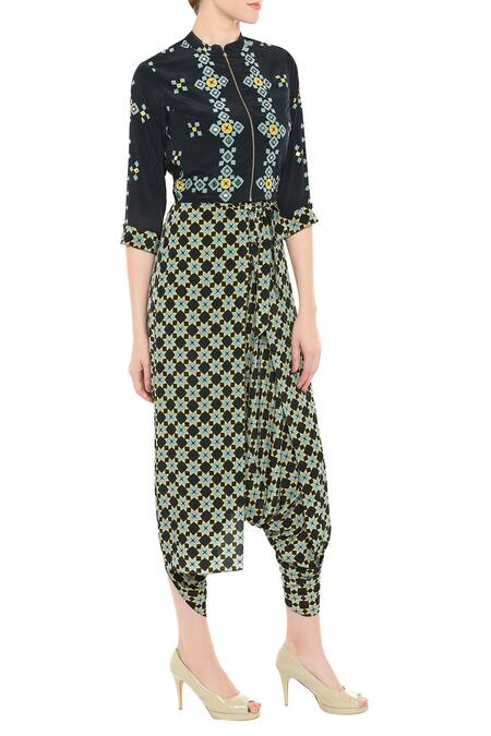 Soup By Sougat Paul_Black Crepe Geometric Motifs, Mirror Work Mandarin Printed Jumpsuit With Jacket _Online_at_Aza_Fashions