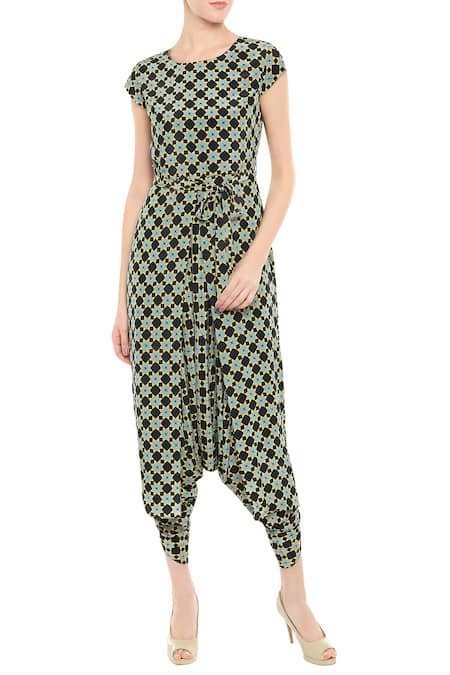 Buy_Soup By Sougat Paul_Black Crepe Geometric Motifs, Mirror Work Mandarin Printed Jumpsuit With Jacket _Online_at_Aza_Fashions
