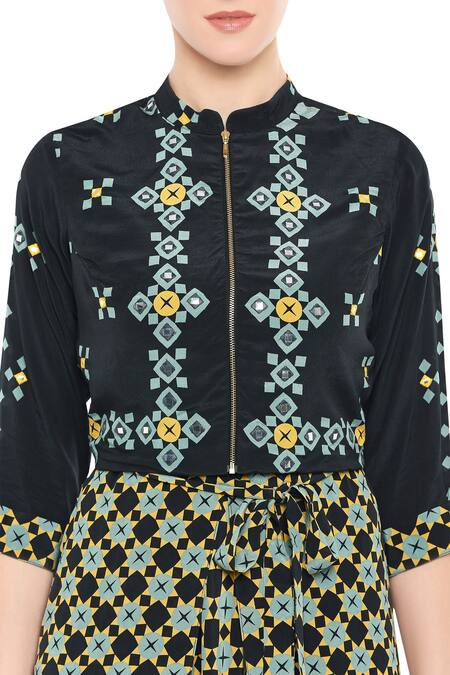 Shop_Soup By Sougat Paul_Black Crepe Geometric Motifs, Mirror Work Mandarin Printed Jumpsuit With Jacket _Online_at_Aza_Fashions