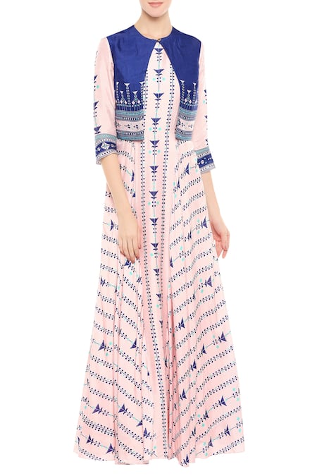 Soup By Sougat Paul Blue Malayasian Silk Cutdana, Beads Printed Maxi Dress With Cropped Jacket 