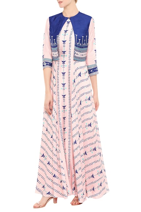 Soup By Sougat Paul_Blue Malayasian Silk Cutdana, Beads Printed Maxi Dress With Cropped Jacket _Online_at_Aza_Fashions