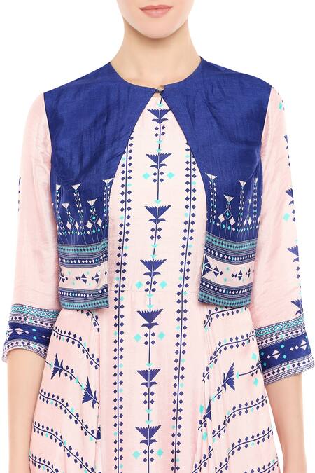 Buy_Soup By Sougat Paul_Blue Malayasian Silk Cutdana, Beads Printed Maxi Dress With Cropped Jacket _Online_at_Aza_Fashions