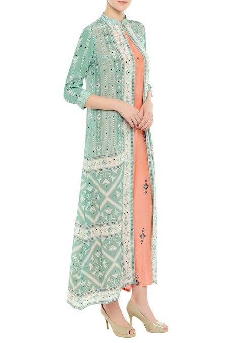 Soup by Sougat Paul_Peach Silk Cutdana, Beads Mandarin Printed Jacket With Tunic _Online_at_Aza_Fashions