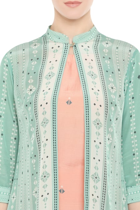 Buy_Soup by Sougat Paul_Peach Silk Cutdana, Beads Mandarin Printed Jacket With Tunic _Online_at_Aza_Fashions