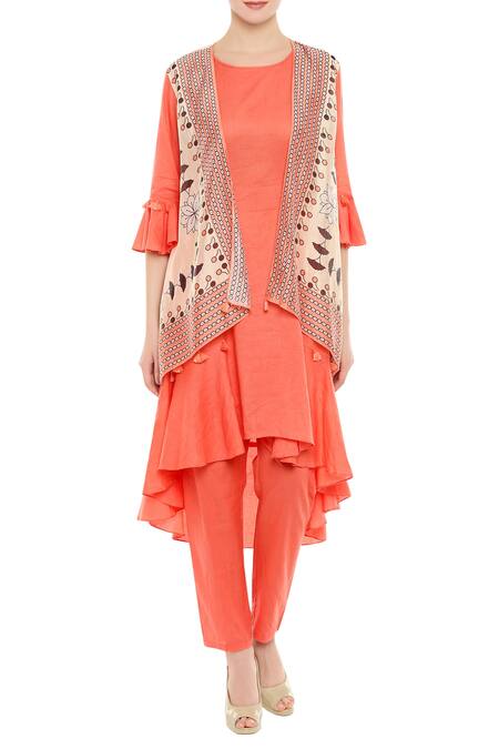 Soup By Sougat Paul Peach Chanderi, Cotton Silk Asymmetric Kurta With Printed Jacket And Pants