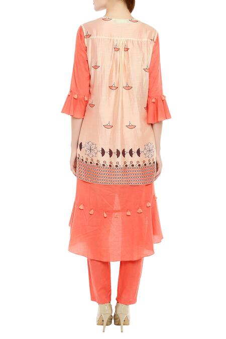 Shop Soup By Sougat Paul Peach Chanderi, Cotton Silk Asymmetric Kurta With Printed Jacket And Pants at Aza Fashions Shop_Soup By Sougat Paul_Peach Chanderi, Cotton Silk Asymmetric Kurta With Printed Jacket And Pants_at_Aza_Fashions