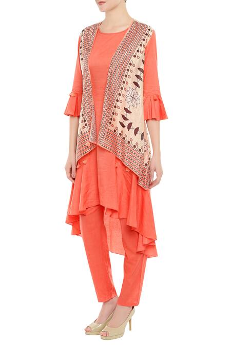 Soup By Sougat Paul Peach Chanderi, Cotton Silk Asymmetric Kurta With Printed Jacket And Pants Online at Aza Fashions Soup By Sougat Paul_Peach Chanderi, Cotton Silk Asymmetric Kurta With Printed Jacket And Pants_Online_at_Aza_Fashions