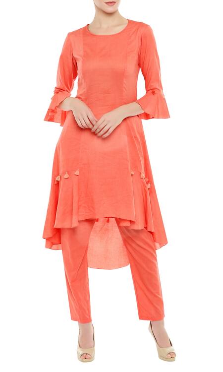 Buy Soup By Sougat Paul Peach Chanderi, Cotton Silk Asymmetric Kurta With Printed Jacket And Pants Online at Aza Fashions Buy_Soup By Sougat Paul_Peach Chanderi, Cotton Silk Asymmetric Kurta With Printed Jacket And Pants_Online_at_Aza_Fashions