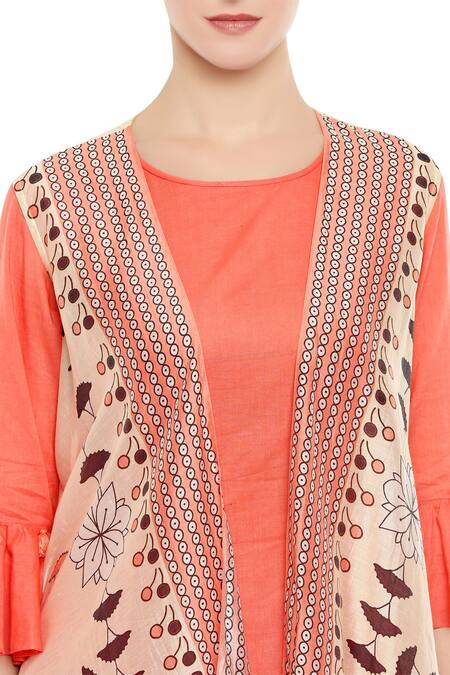 Shop Soup By Sougat Paul Peach Chanderi, Cotton Silk Asymmetric Kurta With Printed Jacket And Pants Online at Aza Fashions Shop_Soup By Sougat Paul_Peach Chanderi, Cotton Silk Asymmetric Kurta With Printed Jacket And Pants_Online_at_Aza_Fashions