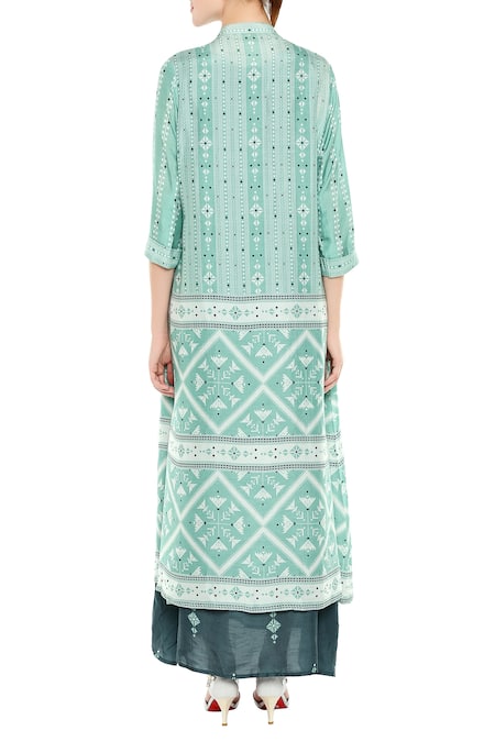 Shop_Soup By Sougat Paul_Green Silk Cutdana, Beads Mandarin Printed Jacket With Inner Tunic _at_Aza_Fashions
