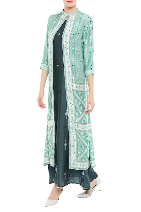Soup By Sougat Paul_Green Silk Cutdana, Beads Mandarin Printed Jacket With Inner Tunic _Online_at_Aza_Fashions