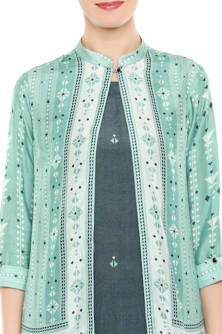 Shop_Soup By Sougat Paul_Green Silk Cutdana, Beads Mandarin Printed Jacket With Inner Tunic _Online_at_Aza_Fashions
