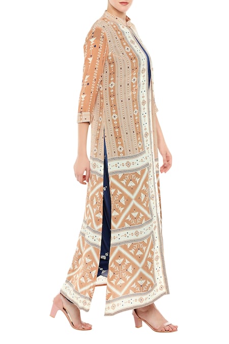 Soup By Sougat Paul Blue Crepe Geometric Motifs Jacket Mandarin Collar, Jumpsuit Print And Draped Online at Aza Fashions Soup By Sougat Paul_Blue Crepe Geometric Motifs Jacket Mandarin Collar, Jumpsuit Print And Draped _Online_at_Aza_Fashions