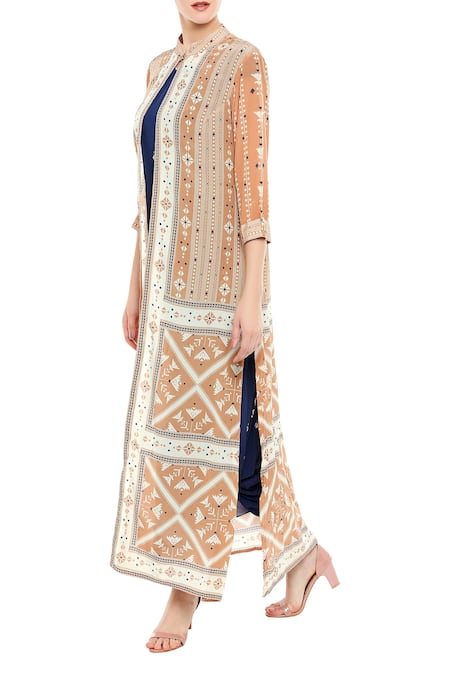 Buy Soup By Sougat Paul Blue Crepe Geometric Motifs Jacket Mandarin Collar, Jumpsuit Print And Draped Online at Aza Fashions Buy_Soup By Sougat Paul_Blue Crepe Geometric Motifs Jacket Mandarin Collar, Jumpsuit Print And Draped _Online_at_Aza_Fashions