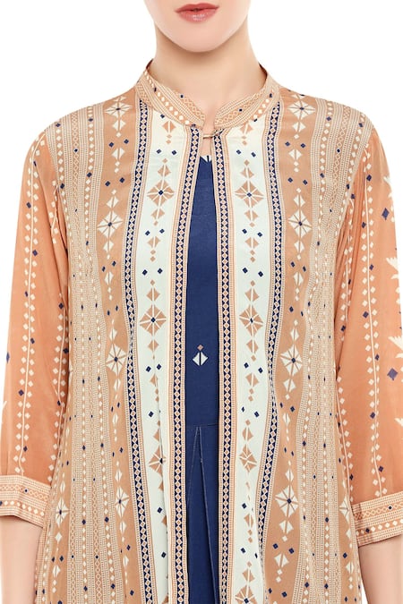 Soup By Sougat Paul Blue Crepe Geometric Motifs Jacket Mandarin Collar, Jumpsuit Print And Draped at Aza Fashions Soup By Sougat Paul_Blue Crepe Geometric Motifs Jacket Mandarin Collar, Jumpsuit Print And Draped _at_Aza_Fashions