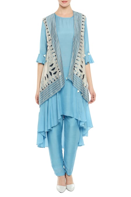 Soup By Sougat Paul_Blue Silk Cutdana, Beads Asymmetric Kurta With Printed Tassel Jacket And Pants _Online_at_Aza_Fashions