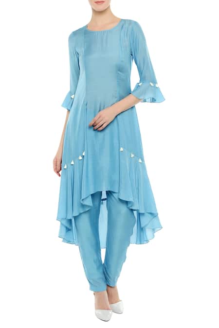 Buy_Soup By Sougat Paul_Blue Silk Cutdana, Beads Asymmetric Kurta With Printed Tassel Jacket And Pants _Online_at_Aza_Fashions