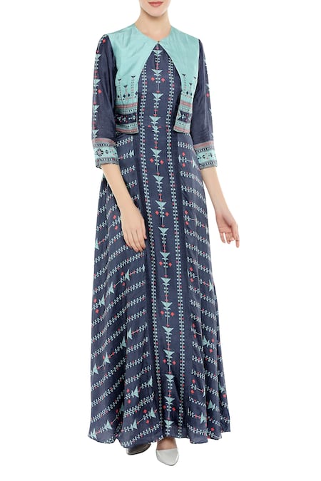 Soup By Sougat Paul Blue Silk Cutdana, Beads Mandarin Printed Long Flared Kurta With Short Jacket 