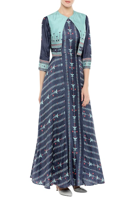 Soup By Sougat Paul Blue Silk Cutdana, Beads Mandarin Printed Long Flared Kurta With Short Jacket Online at Aza Fashions Soup By Sougat Paul_Blue Silk Cutdana, Beads Mandarin Printed Long Flared Kurta With Short Jacket _Online_at_Aza_Fashions