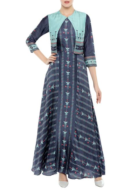 Buy Soup By Sougat Paul Blue Silk Cutdana, Beads Mandarin Printed Long Flared Kurta With Short Jacket Online at Aza Fashions Buy_Soup By Sougat Paul_Blue Silk Cutdana, Beads Mandarin Printed Long Flared Kurta With Short Jacket _Online_at_Aza_Fashions