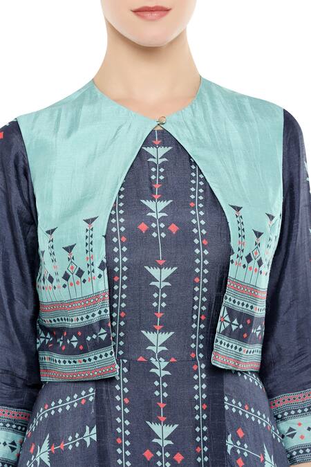 Shop Soup By Sougat Paul Blue Silk Cutdana, Beads Mandarin Printed Long Flared Kurta With Short Jacket Online at Aza Fashions Shop_Soup By Sougat Paul_Blue Silk Cutdana, Beads Mandarin Printed Long Flared Kurta With Short Jacket _Online_at_Aza_Fashions