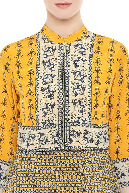 Buy_Soup By Sougat Paul_Yellow Crepe Geometric Motifs Jacket Mandarin Printed Dress With Zippered _Online_at_Aza_Fashions
