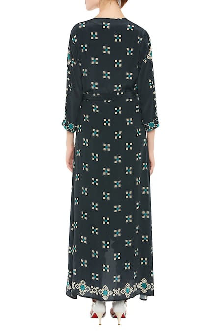 Shop Soup By Sougat Paul Green Crepe Geometric Motifs Jumpsuit Round Neck Printed With Jacket at Aza Fashions Shop_Soup By Sougat Paul_Green Crepe Geometric Motifs Jumpsuit Round Neck Printed With Jacket _at_Aza_Fashions