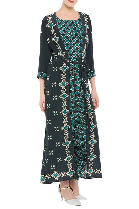 Soup By Sougat Paul Green Crepe Geometric Motifs Jumpsuit Round Neck Printed With Jacket Online at Aza Fashions Soup By Sougat Paul_Green Crepe Geometric Motifs Jumpsuit Round Neck Printed With Jacket _Online_at_Aza_Fashions