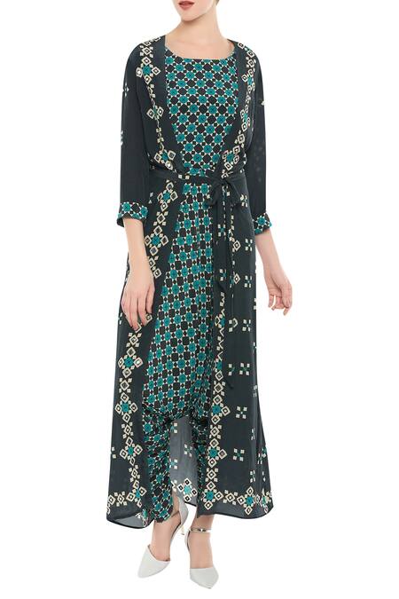 Buy Soup By Sougat Paul Green Crepe Geometric Motifs Jumpsuit Round Neck Printed With Jacket Online at Aza Fashions Buy_Soup By Sougat Paul_Green Crepe Geometric Motifs Jumpsuit Round Neck Printed With Jacket _Online_at_Aza_Fashions