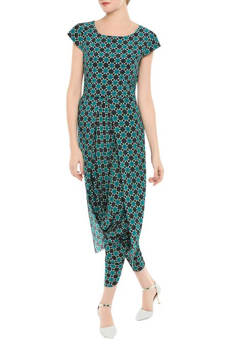 Shop Soup By Sougat Paul Green Crepe Geometric Motifs Jumpsuit Round Neck Printed With Jacket Online at Aza Fashions Shop_Soup By Sougat Paul_Green Crepe Geometric Motifs Jumpsuit Round Neck Printed With Jacket _Online_at_Aza_Fashions
