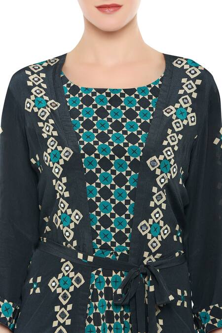 Soup By Sougat Paul Green Crepe Geometric Motifs Jumpsuit Round Neck Printed With Jacket at Aza Fashions Soup By Sougat Paul_Green Crepe Geometric Motifs Jumpsuit Round Neck Printed With Jacket _at_Aza_Fashions