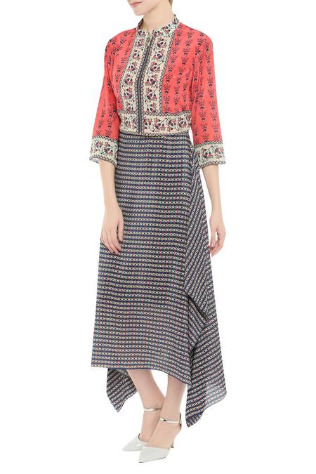 Soup By Sougat Paul_Blue Crepe Band Draped Dress With Jacket _Online_at_Aza_Fashions