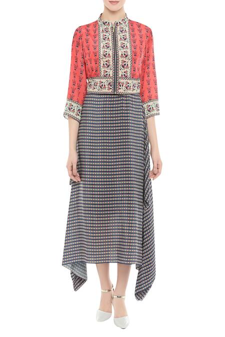 Buy_Soup By Sougat Paul_Blue Crepe Band Draped Dress With Jacket _Online_at_Aza_Fashions