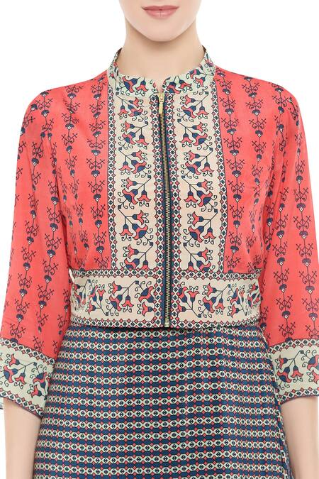 Shop_Soup By Sougat Paul_Blue Crepe Band Draped Dress With Jacket _Online_at_Aza_Fashions