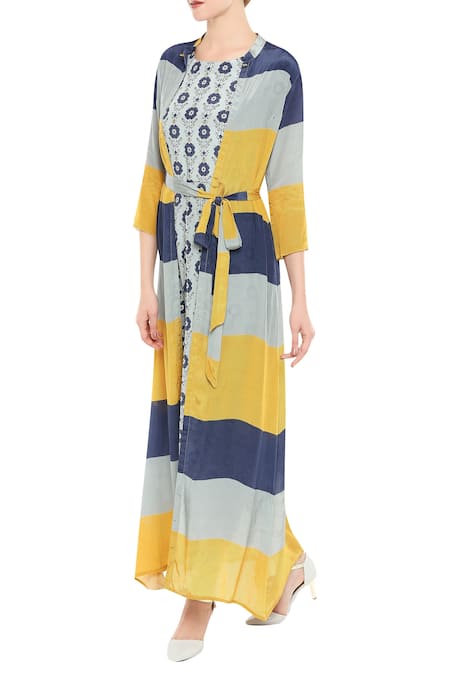 Soup By Sougat Paul_Blue Crepe Round Draped Jumpsuit With Jacket _Online_at_Aza_Fashions