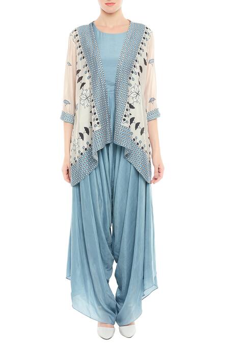 Soup By Sougat Paul Blue Crepe Geometric Motifs Jumpsuit Round Neck Draped With Jacket Online at Aza Fashions Soup By Sougat Paul_Blue Crepe Geometric Motifs Jumpsuit Round Neck Draped With Jacket _Online_at_Aza_Fashions