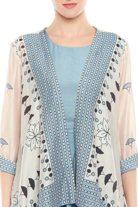 Shop Soup By Sougat Paul Blue Crepe Geometric Motifs Jumpsuit Round Neck Draped With Jacket Online at Aza Fashions Shop_Soup By Sougat Paul_Blue Crepe Geometric Motifs Jumpsuit Round Neck Draped With Jacket _Online_at_Aza_Fashions