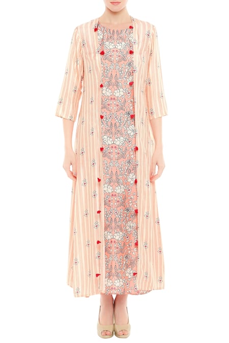 Soup By Sougat Paul_Peach Silk Cutdana, Beads Mandarin Printed Kurta With Long Striped Jacket _Online_at_Aza_Fashions