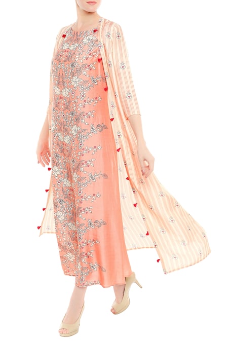 Soup by Sougat Paul Peach Silk Embroidered Beads Printed Kurta With Long Striped Jacket  