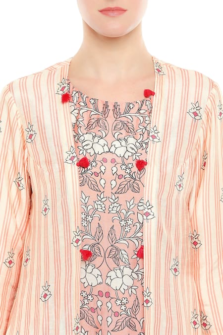 Shop_Soup By Sougat Paul_Peach Silk Cutdana, Beads Mandarin Printed Kurta With Long Striped Jacket _Online_at_Aza_Fashions