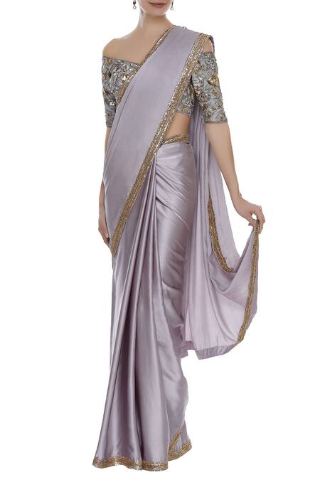 Manish Malhotra_Silver Sequin Embroidered Border Saree With Blouse_Online_at_Aza_Fashions