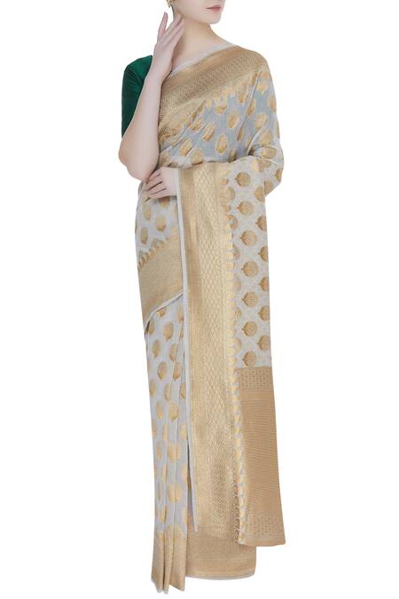 Mint N Oranges_Grey Swiss Cotton Woven Zari Lotus Work Saree _Online_at_Aza_Fashions