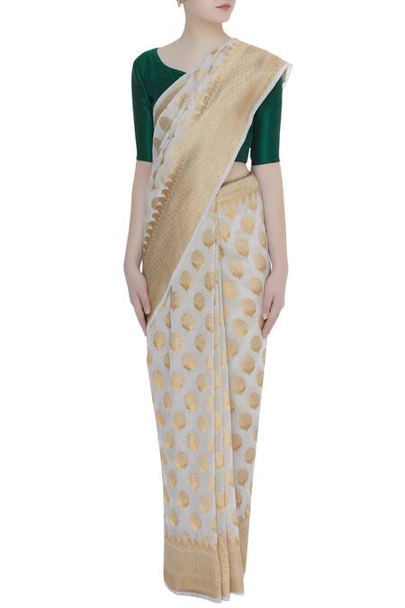 Buy_Mint N Oranges_Grey Swiss Cotton Woven Zari Lotus Work Saree _Online_at_Aza_Fashions
