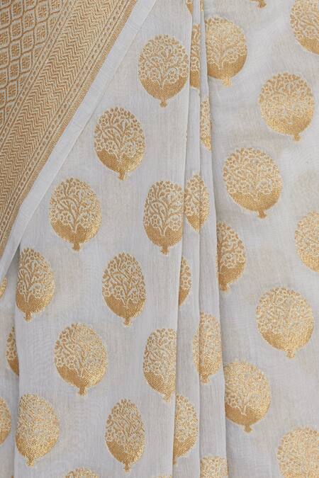 Shop_Mint N Oranges_Grey Swiss Cotton Woven Zari Lotus Work Saree _Online_at_Aza_Fashions